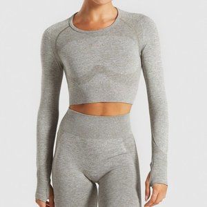 Gymshark Flex Sports Long Sleeve Crop Top - Khaki Marl/Taupe - Size XS